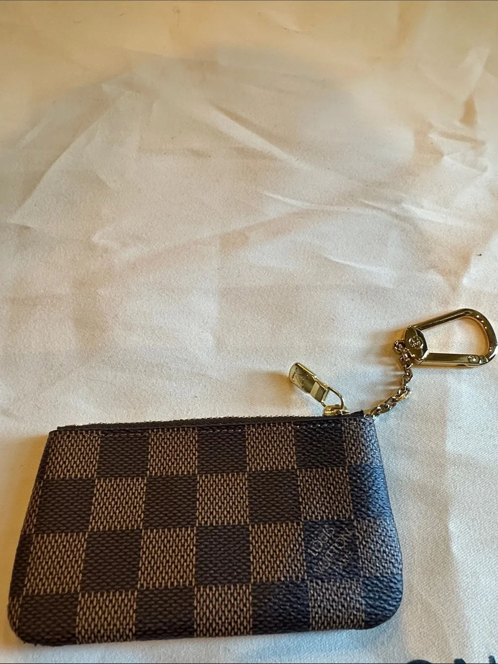 Louis Vuitton Brown Damier Ebene Key Coin Pouch with Gold Hardware Authentic